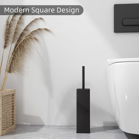 Brosse de toilette carrée avec support, brosse de cuvette de toilette peinte en caoutchouc en acier inoxydable et support pour salle de bain, noir (1/4)