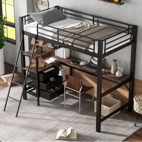 Cama alta infantil con escritorio y cajones negra OKMYHOME (1/5)