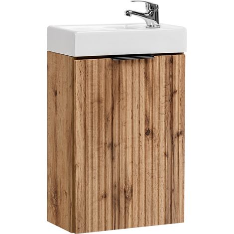 Furnidea - Ensemble meuble lave-mains suspendu ADEL chêne avec le lavabo FIKA 40 cm - une porte, façades rainurées (1/5)