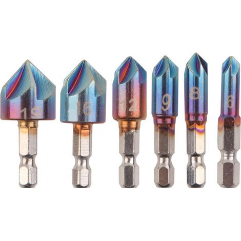 Lot de 6 alésoirs coniques à cinq lames en acier inoxydable pour vis à tête fraisée. (1/5)