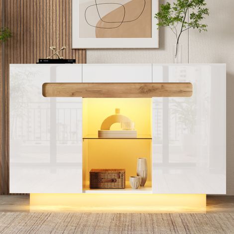 Credenza/mobile contenitore a LED con quattro ripiani e due vani a giorno, frontali lucidi, adatto per soggiorno e cucina, bianco e effetto legno naturale, 120 × 40 × 80 cm (1/5)