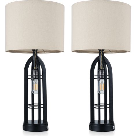 Lampe de table vintage industrielle avec abat-jour en tissu, variateur tactile, ports USB A/C et prise AC, ampoules LED 3000K incluses, noir et beige (1/4)