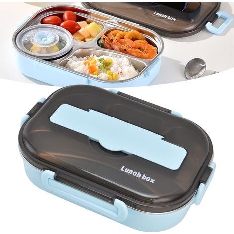 Fiambrera isotérmica con bandeja extraíble, mantiene la comida caliente, ligera y portátil, de plástico apto para uso alimentario, color azul. (1/5)