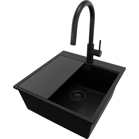 PRIMAGRAN Evier Cuisine en Granit 48x50cm, Lavabo 1 bac + Robinet 40x20cm + Kit de Vidage + Accessoire, Évier à Encastrer au meuble 50cm - Oslo, Tout Noir (1/5)