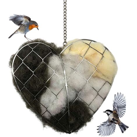 Distributeur de Matériau de Nidification en Forme de Cœur, Fibres Faites Main pour Oiseaux, Rechargeable pour Nichoir, Décoration de Jardin pour Oiseaux et Colibris (1/5)