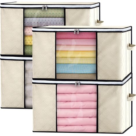 Lot de 4 Sac de Rangement Vetement: 90L Boite Rangement Déménagement Bac de Rangement pour Vêtements Couvertures, Gain de Place  Accès Facile  Durable et Robuste, Beige (1/5)