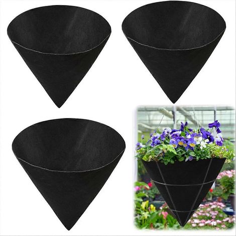 Lot de 3 Cone Shaped jardinière panier doublures tissu suspendu plante doublures non tissé jardinière doublures noir (1/5)