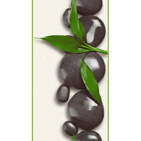 Papier peint noir vert & beige | Papier peint bande décorative zen pour salle de bain | Tapisserie avec motif galet & feuille - 2,50 x 0,35 m (1/2)