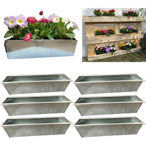 6er Set Zink Paletten Blumenkästen - Einsatz 38cm groß Silber - aus Metall verzinkt - Zinkkasten Pflanzkasten Balkonkasten Blumentopf für Europaletten (1/5)