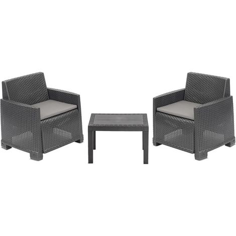 TRADE SHOP - Set Salotto Da Giardino Con 2 Poltrone Cuscini Tavolino In Polipropilene Effetto Rattan - Antracite