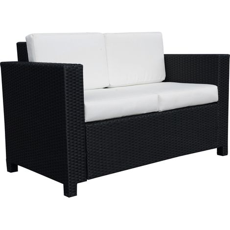 Black Rattan Sofa 2 Seater Garden Loveseat with Soft Cushions and Armrests for Patio Outdoor Furniture