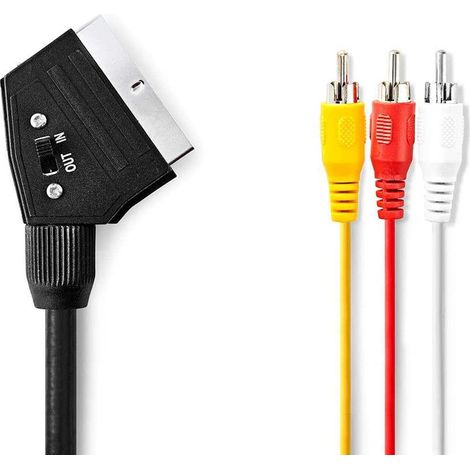 Cable euroconector euroconector macho euroconector macho 3x rca macho niquelado conmutable 480p 100m redondo pvc negro bolsa de plastico