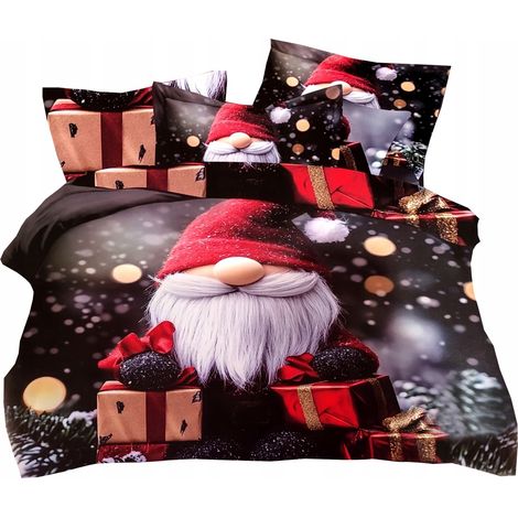 Biancheria da letto natalizia in raso di cotone 160x200 + 2 lenzuola 70x80 con albero di Natale, elfo e Babbo Natale. (1/5)