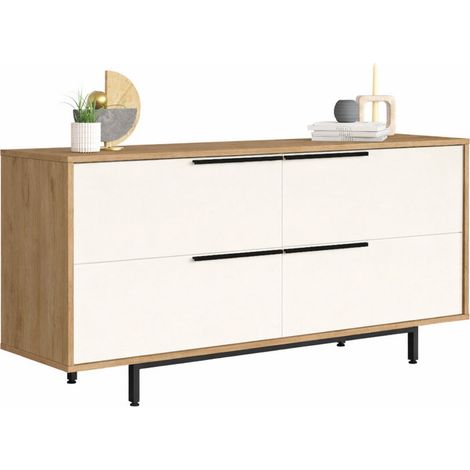 Buffet Bas 4 Portes 4 Niches Chêne et Blanc Pieds Métal L 160 H 74.3 P 44.5 cm (1/5)