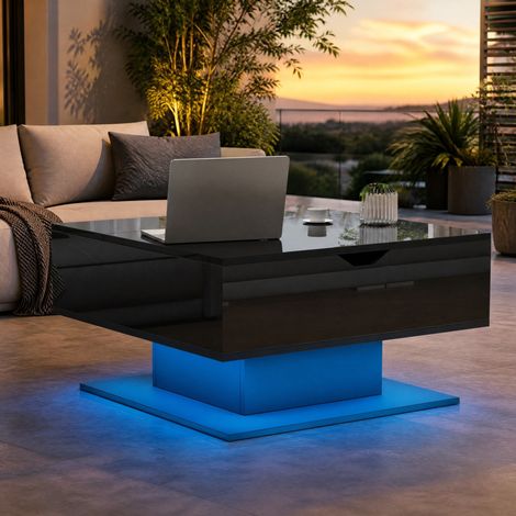 Table basse 80x75x40 cm noire relevable avec LED, rangement intégré, panneaux de particules MEUBLIV (1/5)