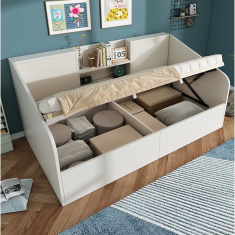Lit banquette hydraulique en bois blanc 90x200 cm avec rangement, 2 étagères et station de charge, sommier inclus (1/5)