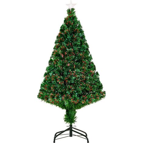 Sapin de Noël artificiel illuminé, câble à fibres optiques multicolores de 120 cm + pieds de support, 130 branches, cime en forme d'étoile vert vif (1/5)