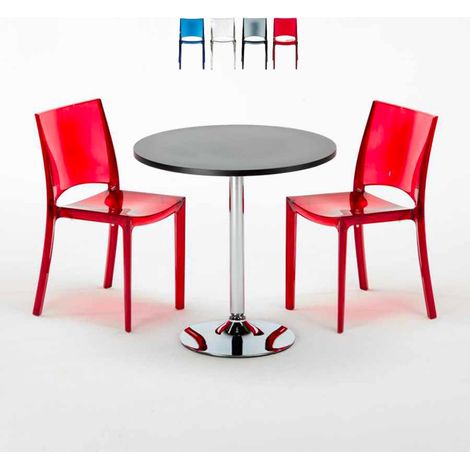 Table Ronde Noire 70x70cm Avec 2 Chaises Colorées Grand Soleil Set Intérieur Bar Café B-Side Ghost - Rouge transparent (1/5)