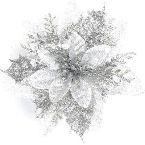 Poinsettia Artificial - 8 cm - Purpurina Plateada - Decoracion Navidena Para Arbol Guirnalda Corona - 15 Unidades (1/5)