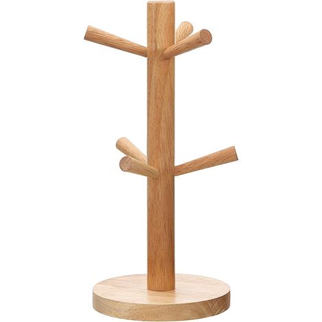 1 - Porte-tasse - Support à tasses - Arbre en bois avec 6 crochets - Organisateur pour cuisine et table - Couleur naturelle - 32x12,5cm
