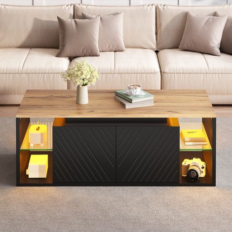 Mesa de centro negra de 100×50×41 cm, mesa de centro moderna con iluminación LED, mesa auxiliar, mesa de sofá, mesa de salón, estante semiabierto y 2 puertas, aglomerado, capacidad de carga de hasta 3 (1/5)