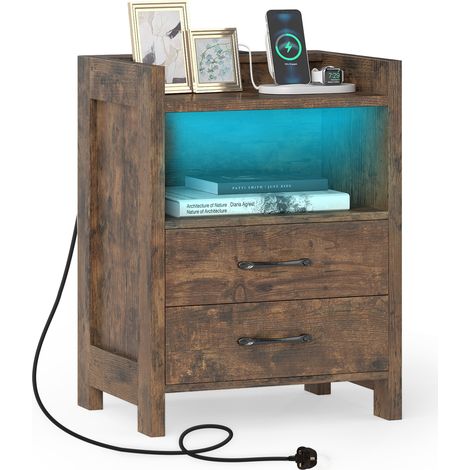COSTWAY Nightstand LED Bedside Table with LED Lights & Power Outlets-Coffee (1/5)
