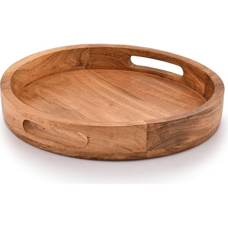 Plateau rond acacia avec poignées – 30,48×30,48×4,06 cm – bar, salon, table – service boissons/aliments