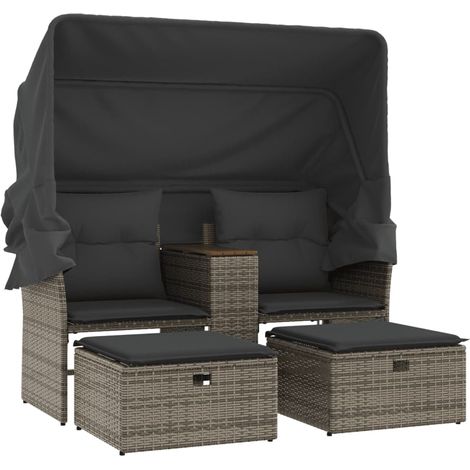 Maison Exclusive - Gartensofa 2-Sitzer mit Dach und Hockern Grau