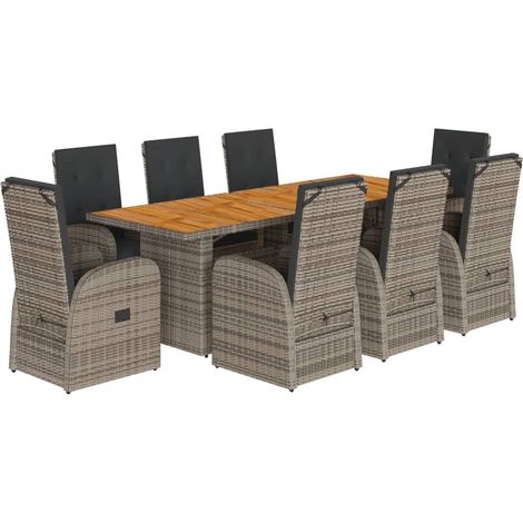 Set comedor jardín 9 pzas y cojines ratán sintético gris vidaXL (1/5)