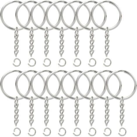 Cadenas avec clé, lot de 100 anneaux brisés avec chaînette, anneaux porte-clés en métal argenté avec anneau ouvert de 25 mm et connecteur – créez votre propre porte-clés (1/5)