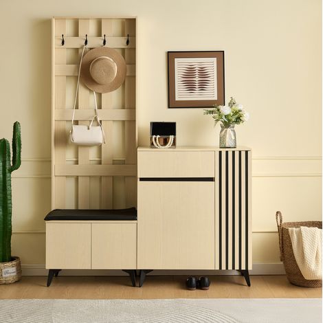 Conjunto de recibidor con perchero y mueble zapatero, con banco, MDF, madera (1/5)