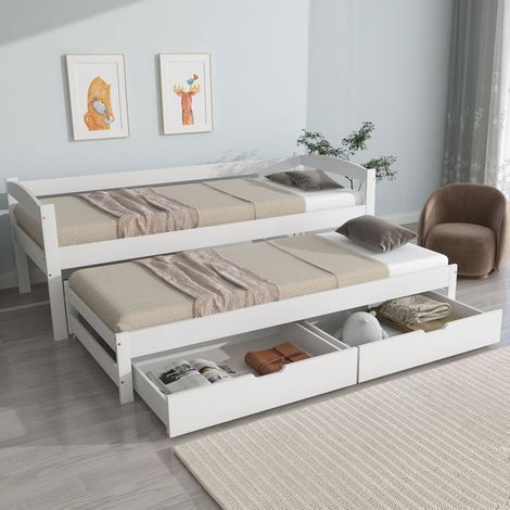 Lit gigogne - SOGEU - Lit gigogne avec 2 tiroirs - 90x200 cm - Pin massif - Sommier extensible sur roulettes (1/5)