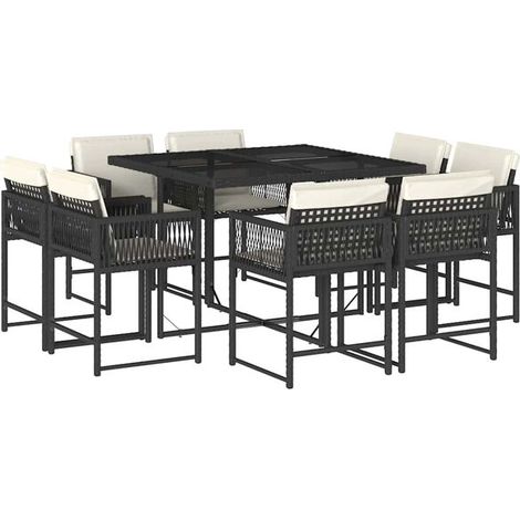 Ensemble de Table et Chaises de Jardin 9 Pièces, Résine Tressée Noire avec Coussins (1/5)