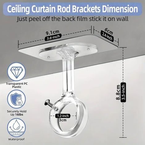 8 pièces supports plafond pour tringle à rideau, fixation adhésive sans clous, crochets réglables Ø3 cm, facile à installer sur mur ou plafond (1/5)