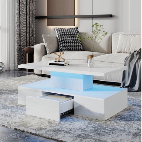 Table basse 100x50x39 cm blanche en panneaux de particules avec LED, tablette ouverte et 1 tiroir (1/5)