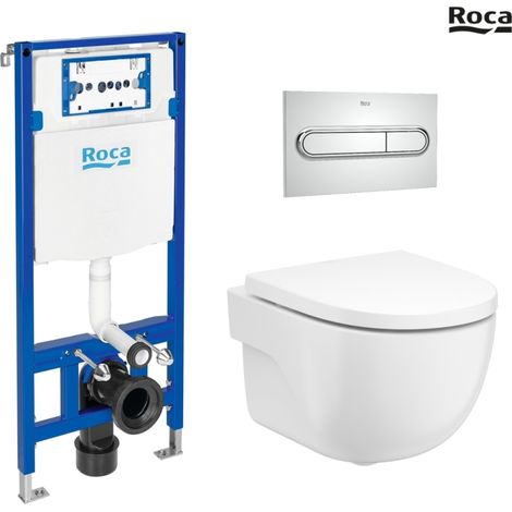 BASTIDOR ROCA DUPLO CON CISTERNA EMPOTRADA, PULSADOR PL1 CROMO BR, INODORO SUSPENDIDO ROCA MERIDIAN 48CM