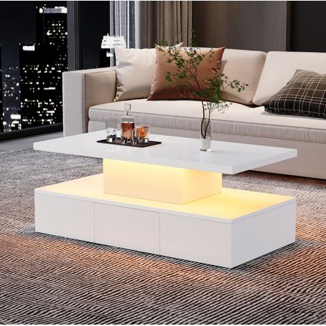Couchtisch mit Schublade, offenem Fach, Hochglanzoberfläche, 100 x 50 x 39 cm weiße Tischplatte (1/5)