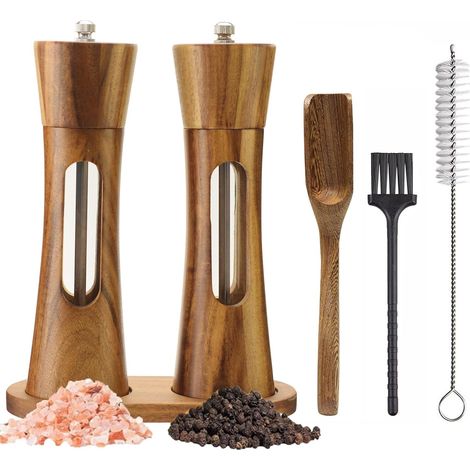 Ensemble de 2 moulins à sel et à poivre en bois – 20 cm, rechargeables – avec fenêtre transparente – broyeurs en céramique – degré de mouture réglable (1/5)
