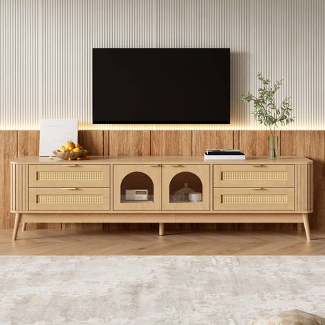 Meuble TV LED 180 x 40 x 50 cm, 4 tiroirs effet rotin et 2 portes en verre trempé, pieds en bois massif, bois naturel (1/5)