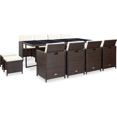 Ensemble Table et Chaise de Jardin 13 pcs - Mobilier de jardin encastrable et coussins Rotin Marron BV853738 - BonneVie (1/5)