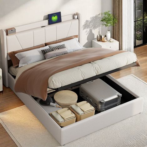 Lit double rembourré avec rangement de chevet 140 x 200 cm–Lit gonflable pour adulte 140 x 200 cm–2 ports USB et 1 port Type-C–Lin beige–Style moderne