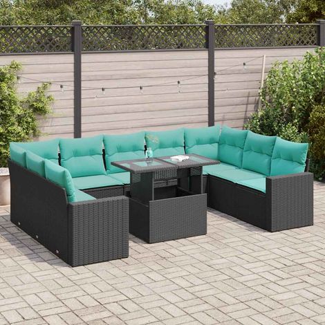 Salon de jardin modulable 10 pièces en résine tressée noire avec coussins bleus, 90.6kg - PANGIVO (1/5)