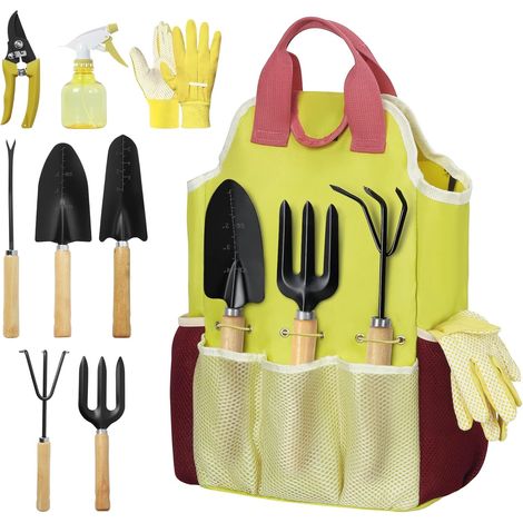 Set di 9 attrezzi da giardinaggio, set robusto con manici in legno, attrezzi manuali di alta qualità e resistenti, set da giardinaggio con un'elegante borsa da trasporto, un regalo ideale per le donne (1/5)