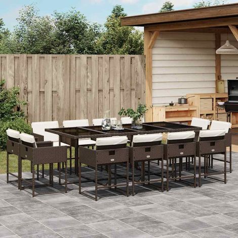 Set muebles de jardín 13 pzas y cojines ratán sintético marrón
