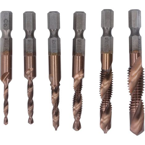 Ensemble de 6 tarauds et forets revêtus de titane, M3 M4 M5 M6 M8 M10, outils de taraudage et de perçage à tige hexagonale adaptés à l'acier. (1/5)