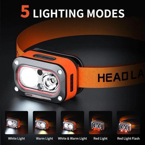 Lampe frontale (Orange) à détecteur de mouvement, légère, LED rechargeable, étanche, idéale pour la pêche et le camping. (1/5)