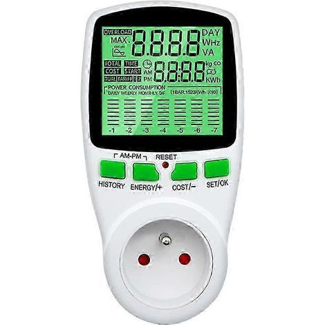 Prise pour compteur électrique, compteur de consommation d'énergie avec 11 modes et affichage LCD, compteur à double tarif d'économie d'énergie, puissance maximale 3680 watts. (1/5)
