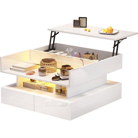 Mesa de Centro Cuadrada con Tablero Elevable, Almacenaje Oculto, 2 Cajones y LED, para Salón, Blanca, 80×80×45 cm (1/5)