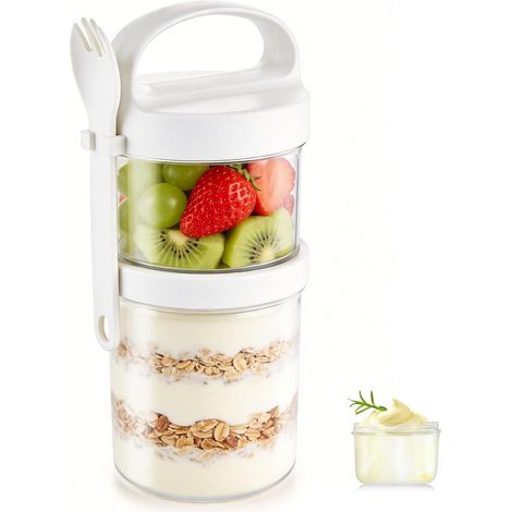 Ciotola per colazione portatile (con cucchiaio) Bianca 360 ml + 560 ml Ciotole, scatole e contenitori per la colazione, vasetti portatili per yogurt (1/5)