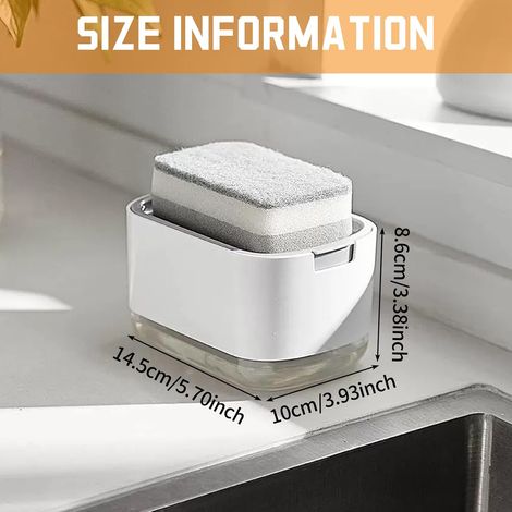 Dispensador de detergente y jabón 2 en 1 recargable, de plástico, con soporte para esponja, práctico dispensador de jabón para hospital, cocina, baño y fregadero (blanco, 300 ml) (1/4)